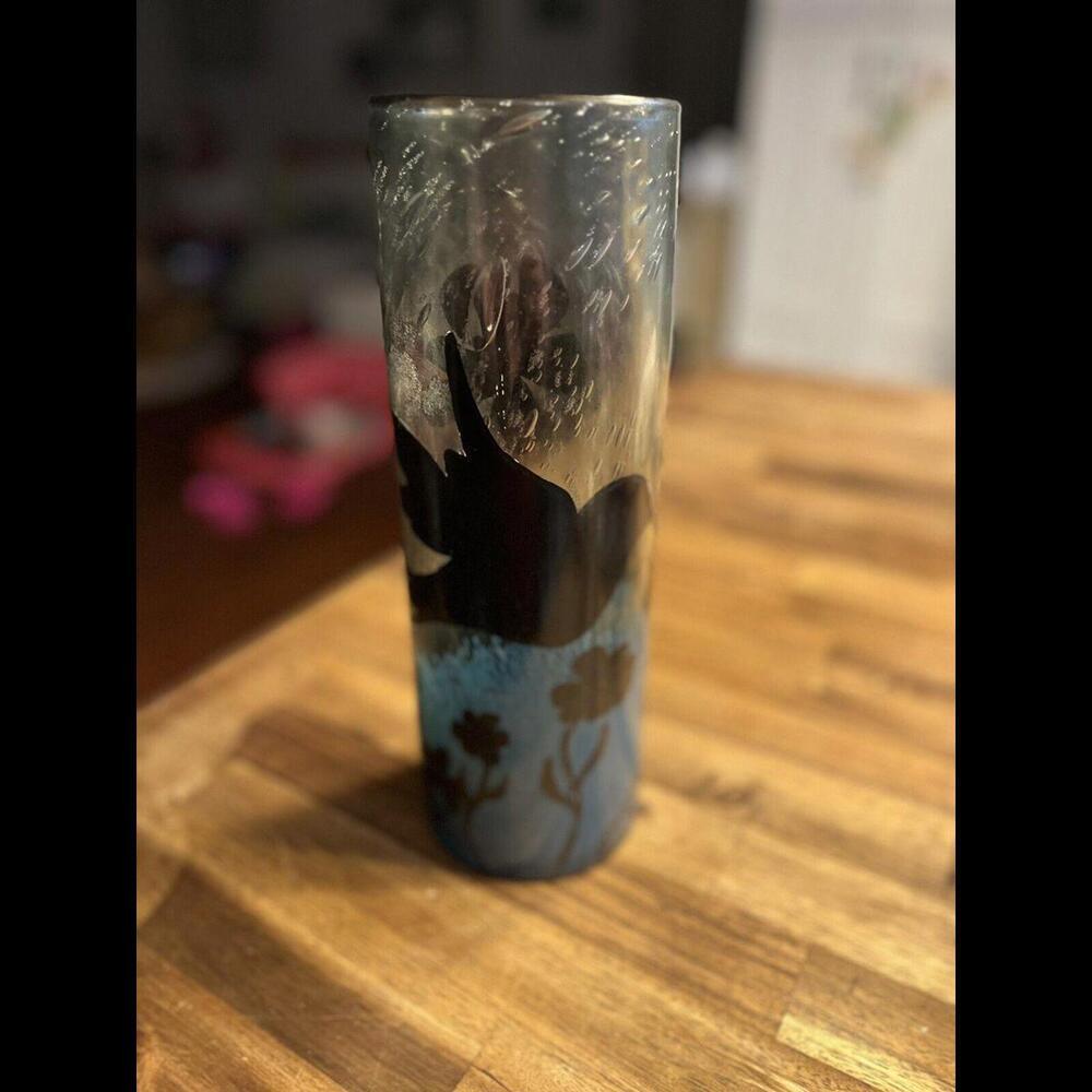 Ombré Art Glass Vase‎ Handblown Unmarked 11" Birds Flowers